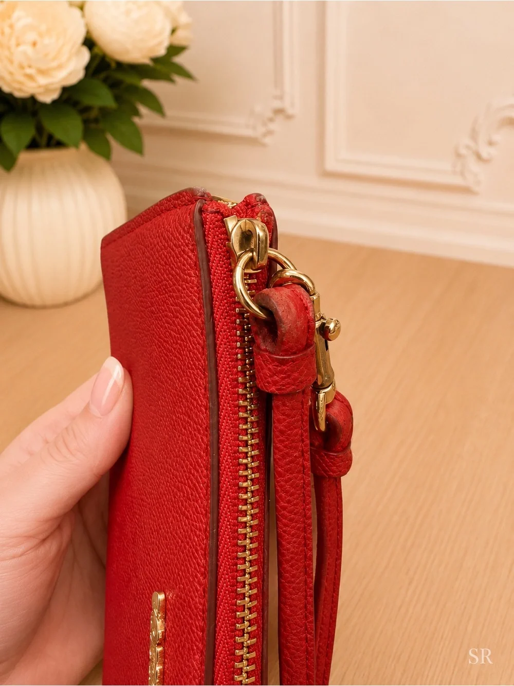 Coach Large Corner Zip Wristlet Red Leather Wallet Gold Hardware